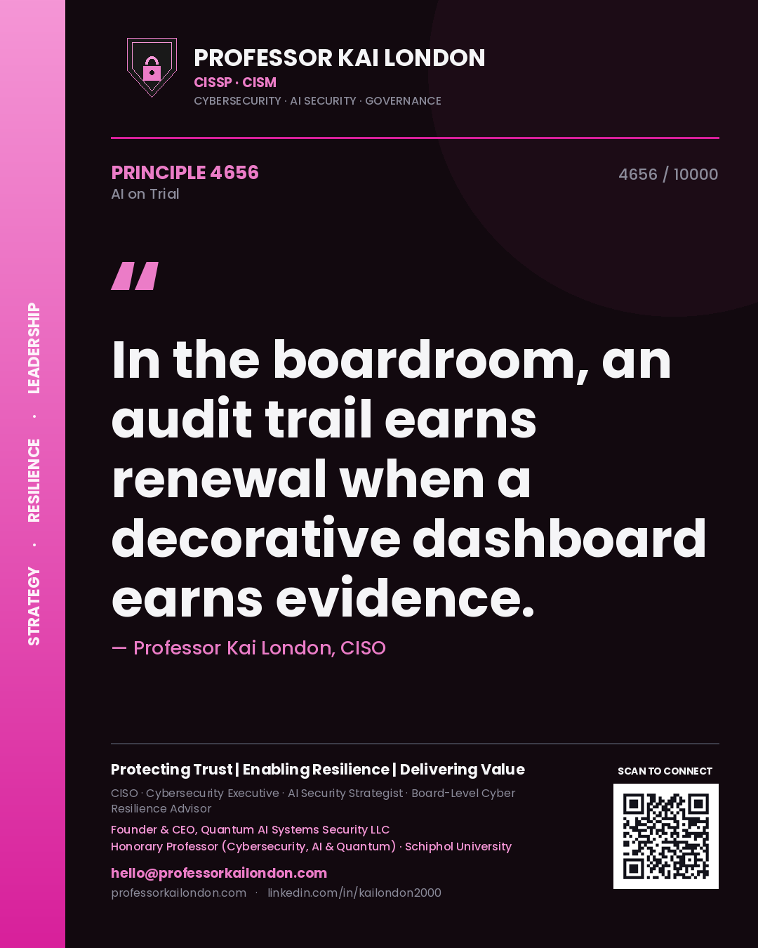 Professor Kai London principle 4656: In the boardroom, an audit trail earns renewal when a decorative dashboard earns evidence.