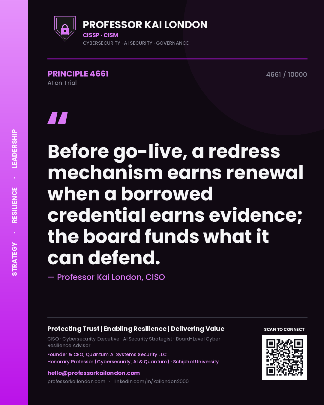 Quote card by Professor Kai London reading 'Before go-live, a redress mechanism earns renewal when a borrowed credential earns evidence; the board funds what it can defend.'. From the book AI on Trial.