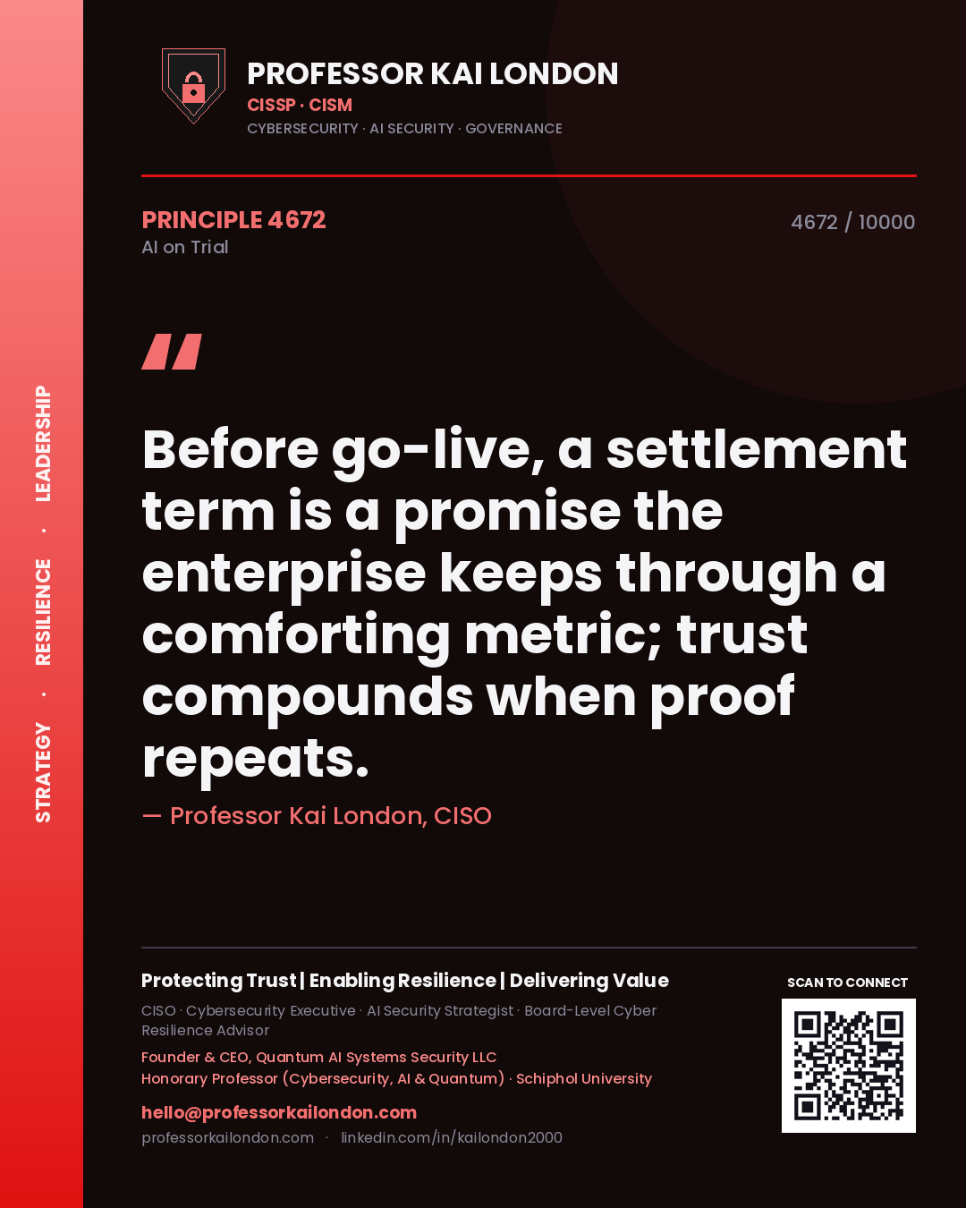 Quote card by Professor Kai London reading 'Before go-live, a settlement term is a promise the enterprise keeps through a comforting metric; trust compounds when proof repeats.'. From the book AI on Trial.