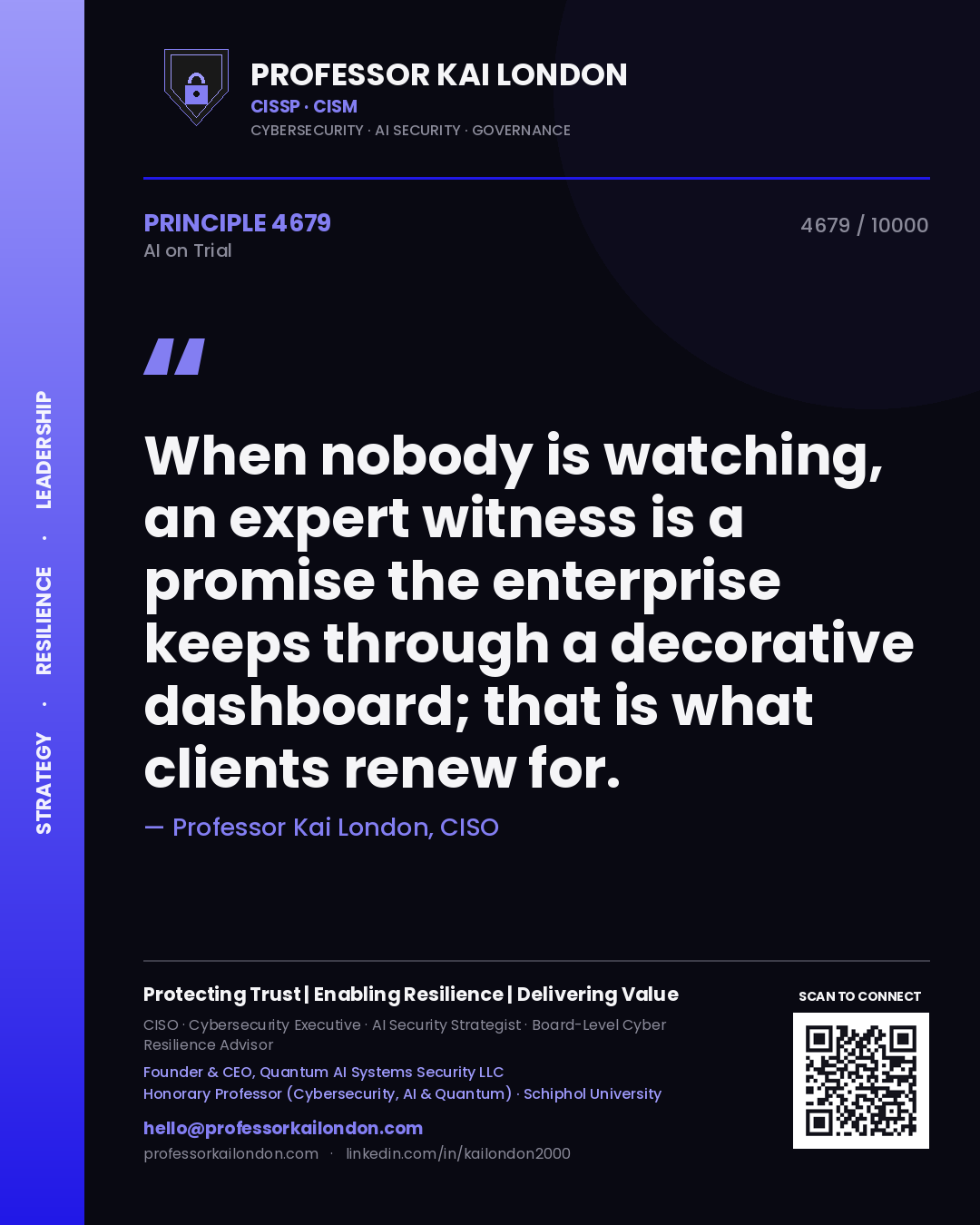 Professor Kai London principle 4679: When nobody is watching, an expert witness is a promise the enterprise keeps through a decorative dashboard; that is what clients renew for.