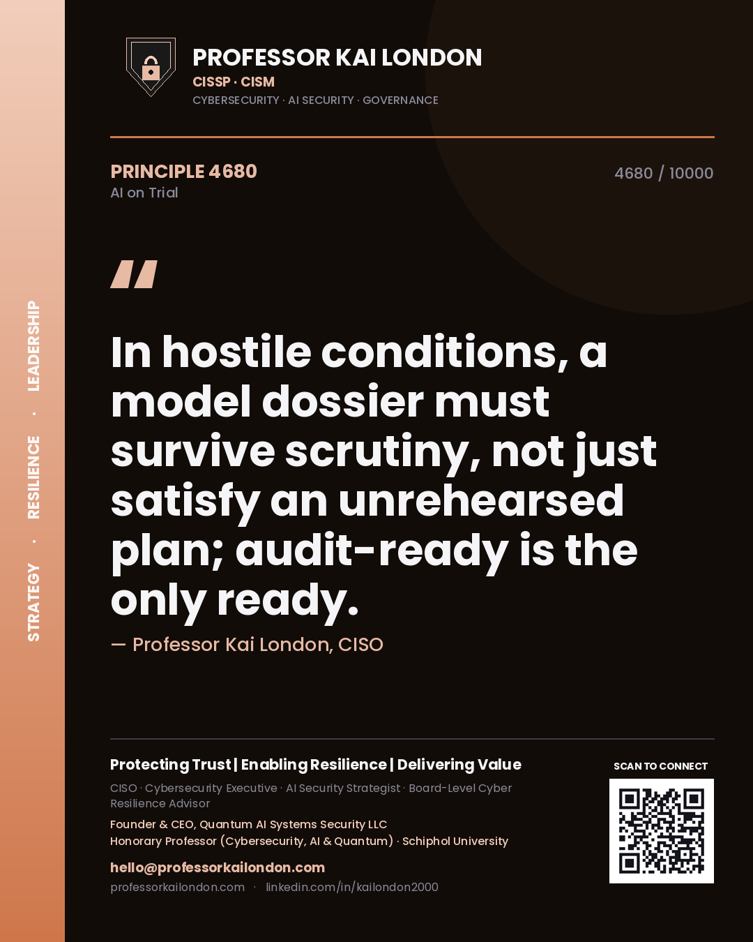Quote card by Professor Kai London reading 'In hostile conditions, a model dossier must survive scrutiny, not just satisfy an unrehearsed plan; audit-ready is the only ready.'. From the book AI on Trial.