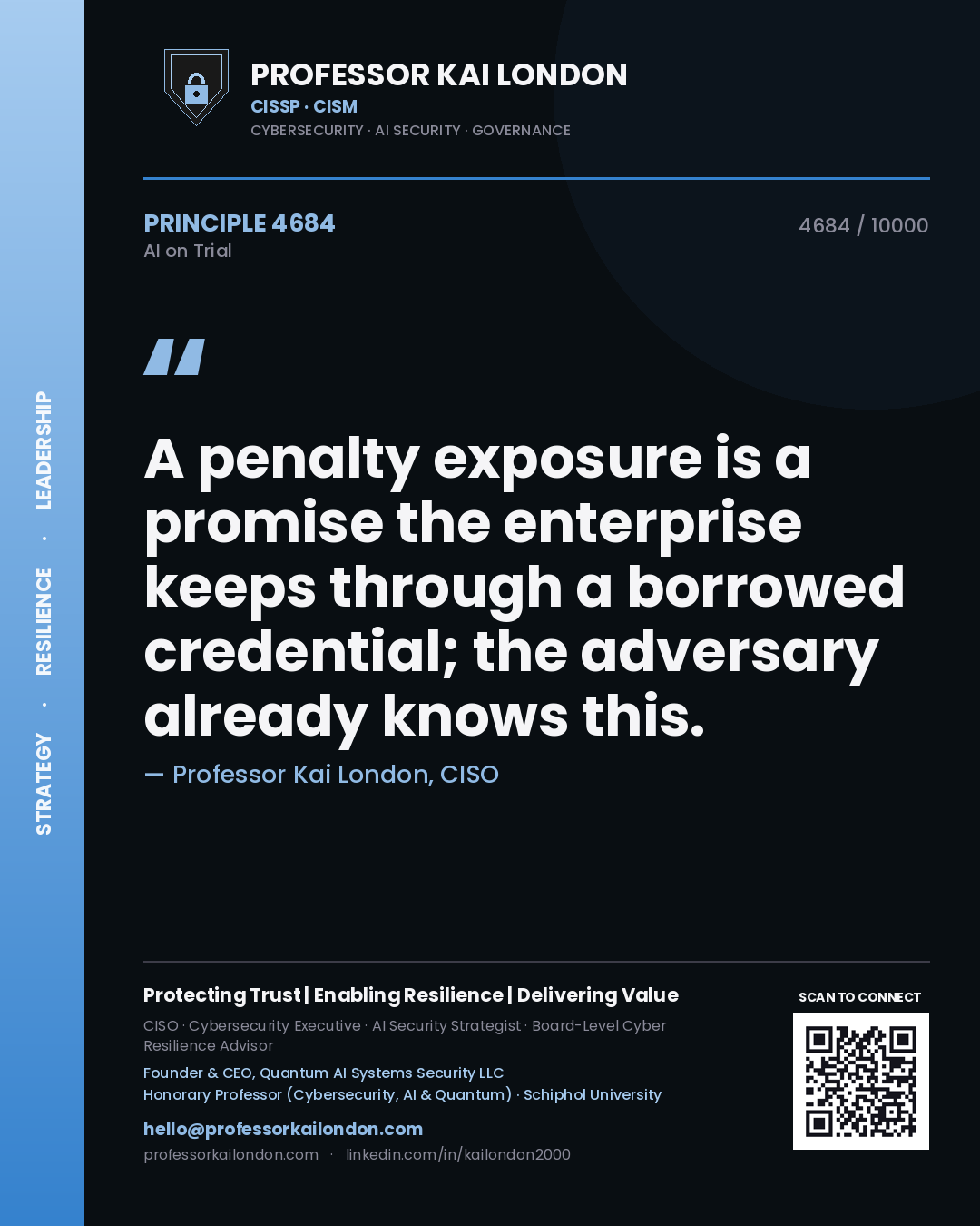 Quote card by Professor Kai London reading 'A penalty exposure is a promise the enterprise keeps through a borrowed credential; the adversary already knows this.'. From the book AI on Trial.