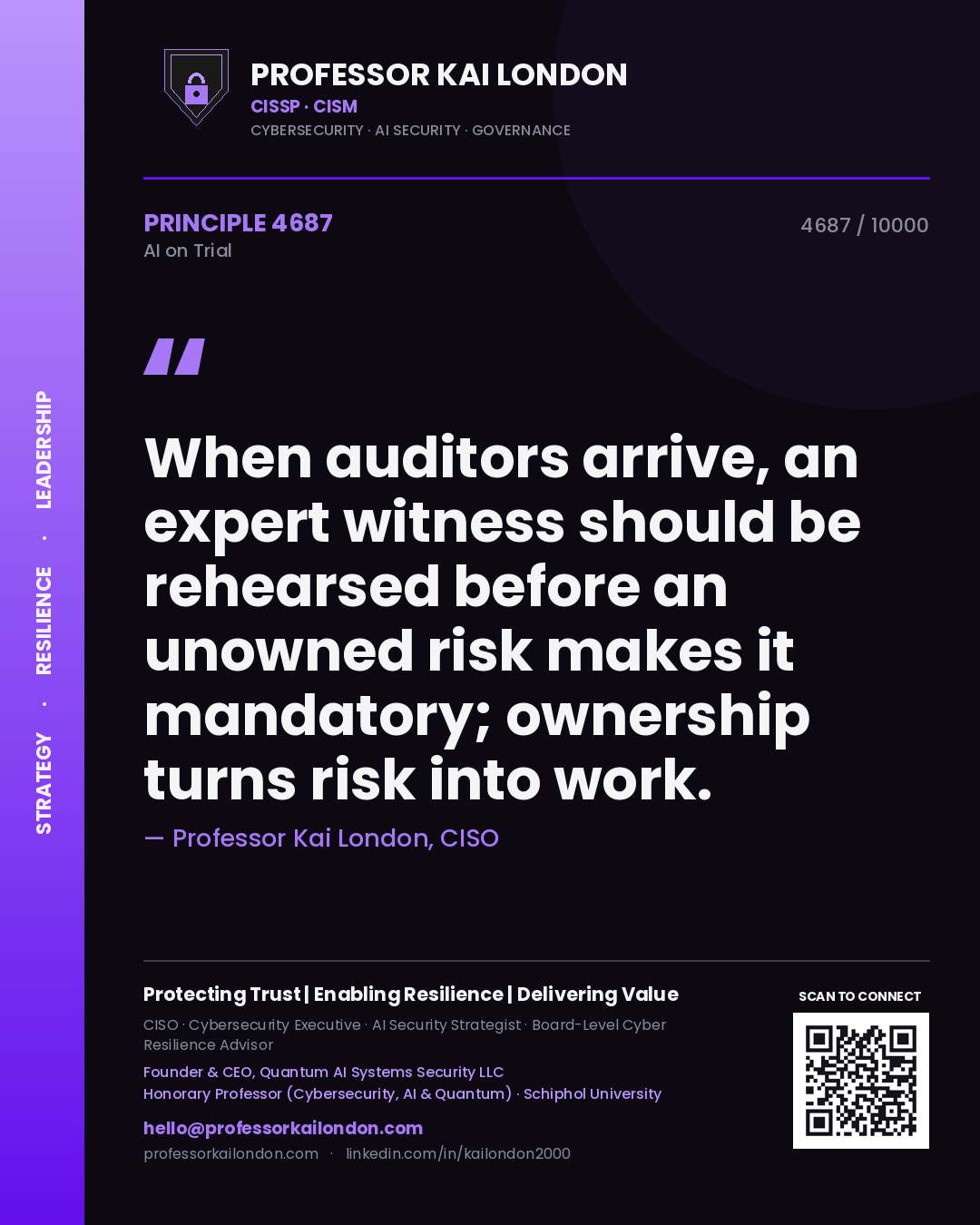 Quote card by Professor Kai London reading 'When auditors arrive, an expert witness should be rehearsed before an unowned risk makes it mandatory; ownership turns risk into work.'. From the book AI on Trial.