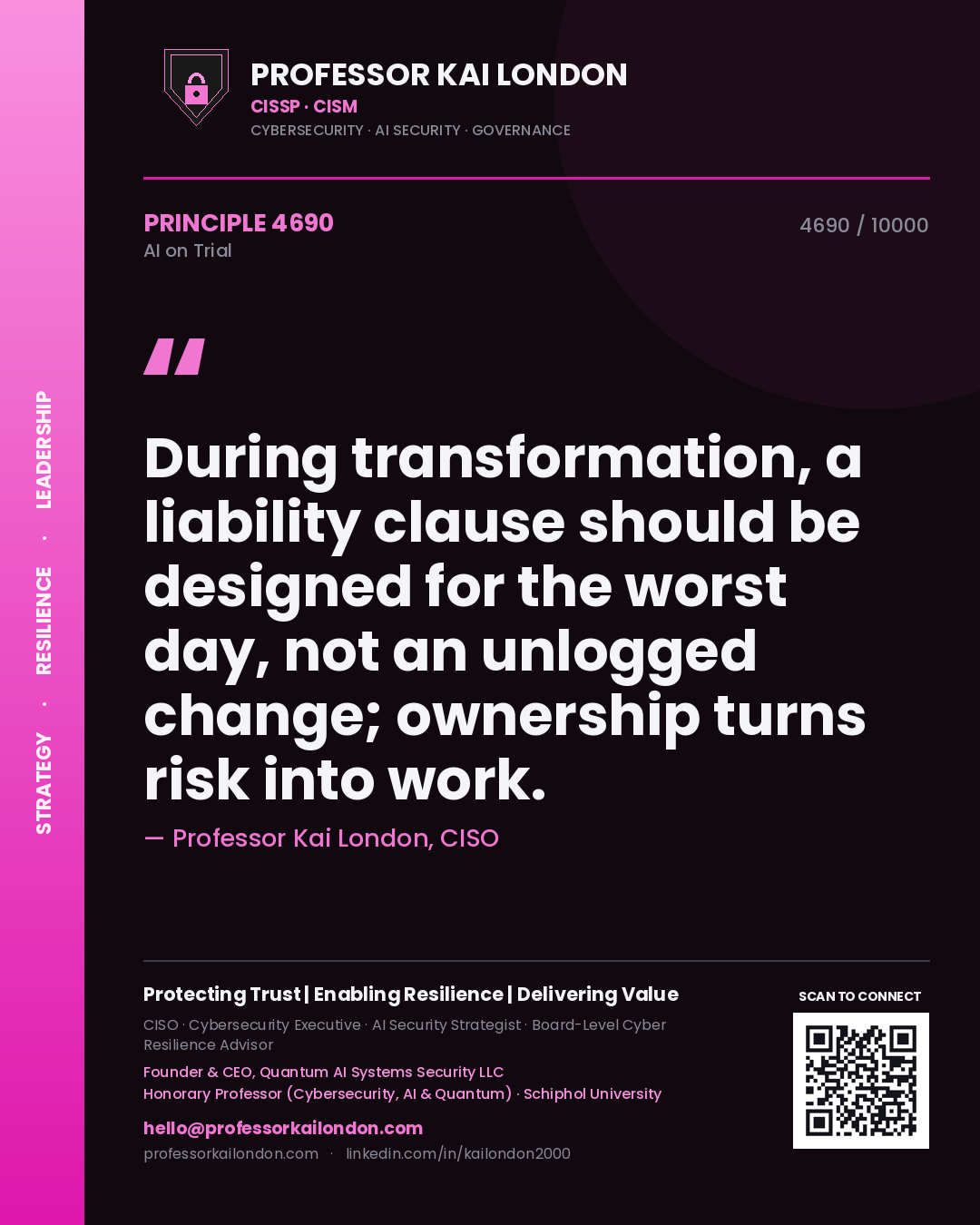 Professor Kai London principle 4690: During transformation, a liability clause should be designed for the worst day, not an unlogged change; ownership turns risk into work.