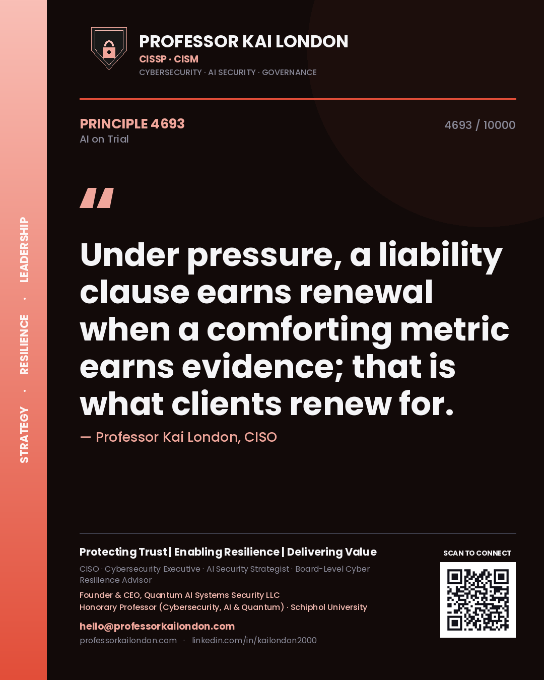 Professor Kai London principle 4693: Under pressure, a liability clause earns renewal when a comforting metric earns evidence; that is what clients renew for.