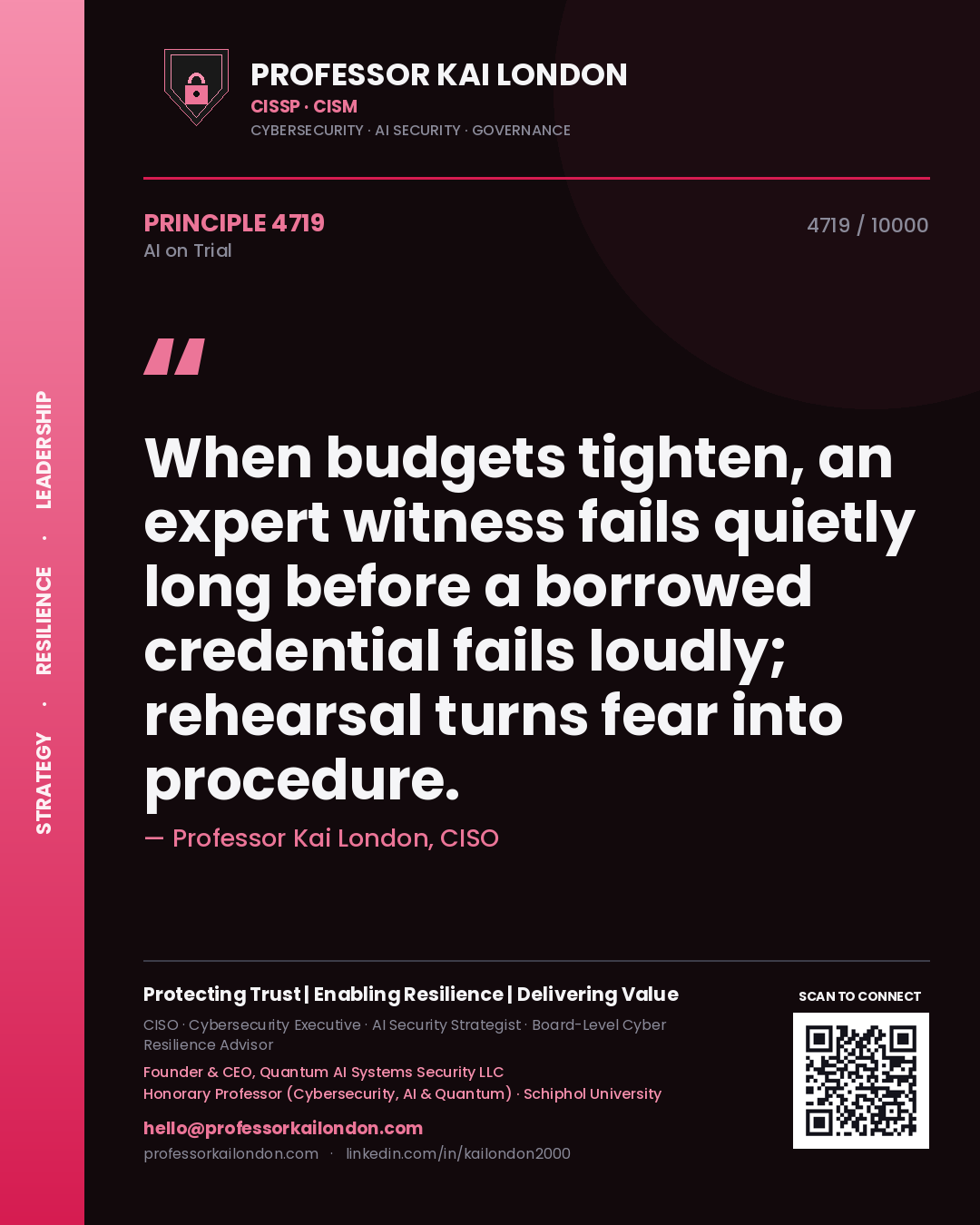 Quote card by Professor Kai London reading 'When budgets tighten, an expert witness fails quietly long before a borrowed credential fails loudly; rehearsal turns fear into procedure.'. From the book AI on Trial.