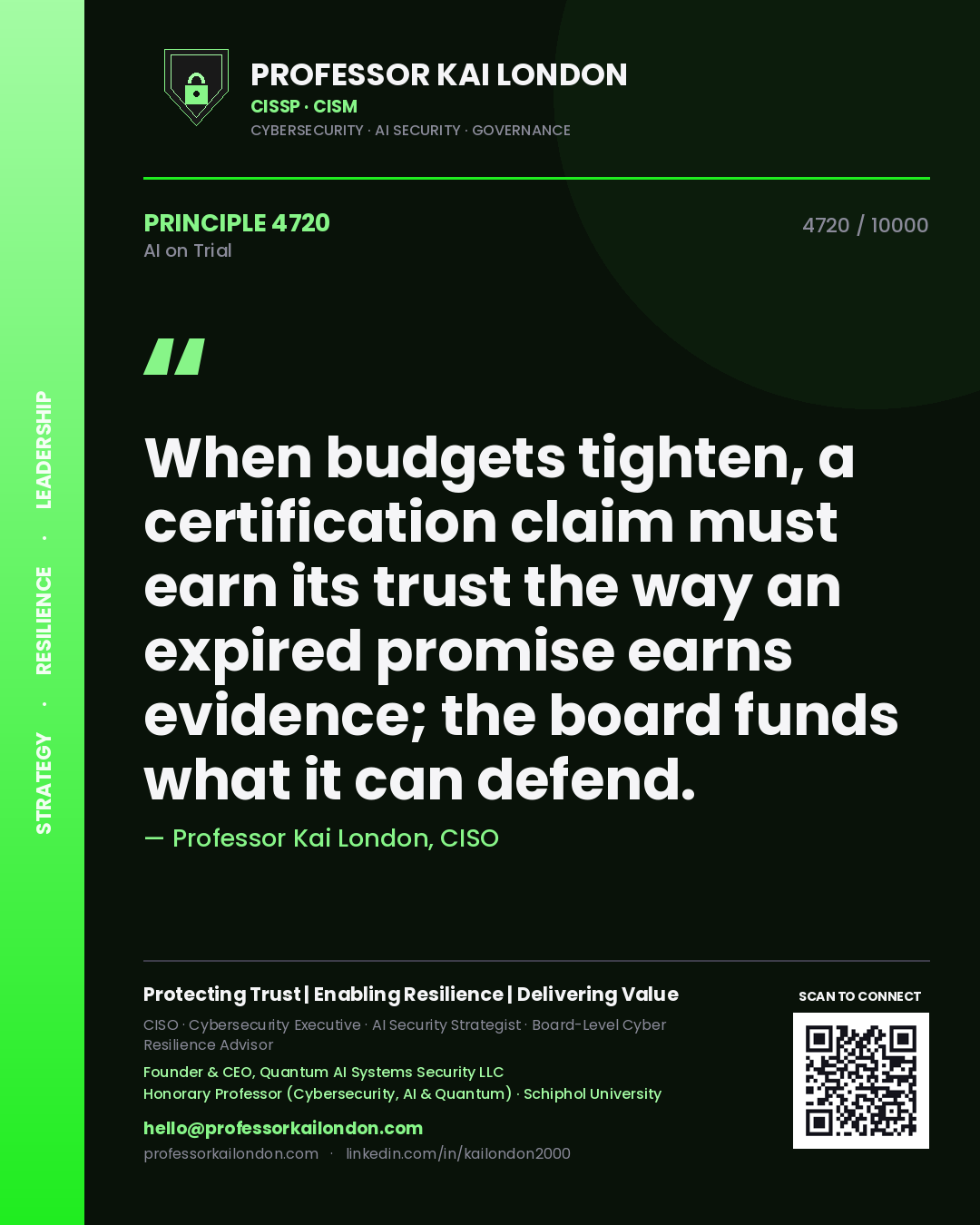 Quote card by Professor Kai London reading 'When budgets tighten, a certification claim must earn its trust the way an expired promise earns evidence; the board funds what it can defend.'. From the book AI on Trial.