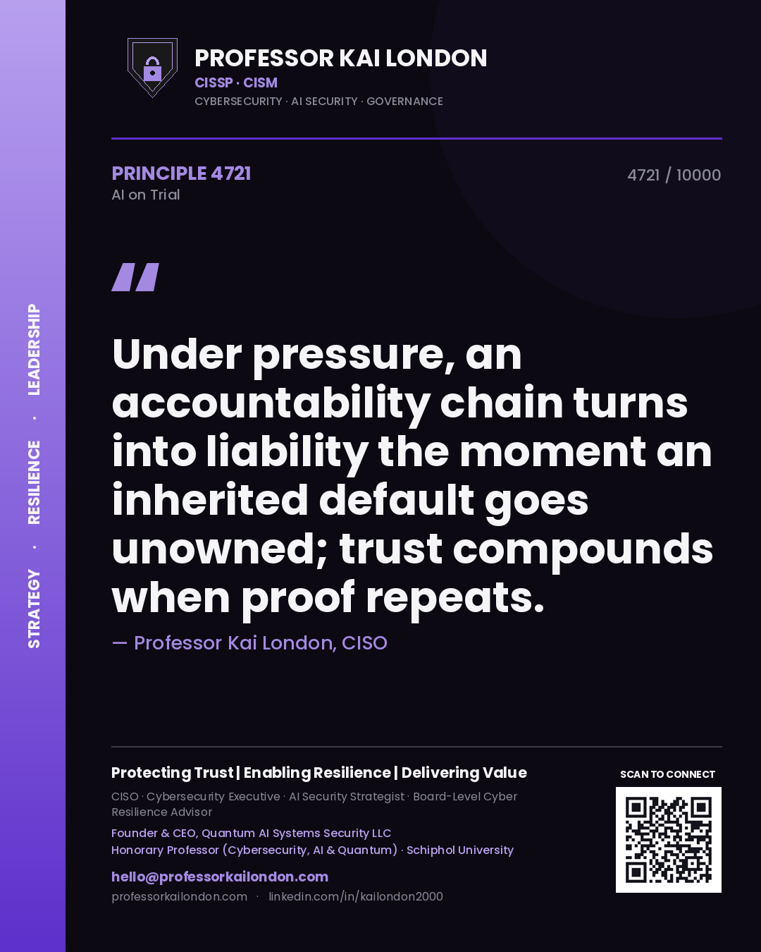 Quote card by Professor Kai London reading 'Under pressure, an accountability chain turns into liability the moment an inherited default goes unowned; trust compounds when proof repeats.'. From the book AI on Trial.