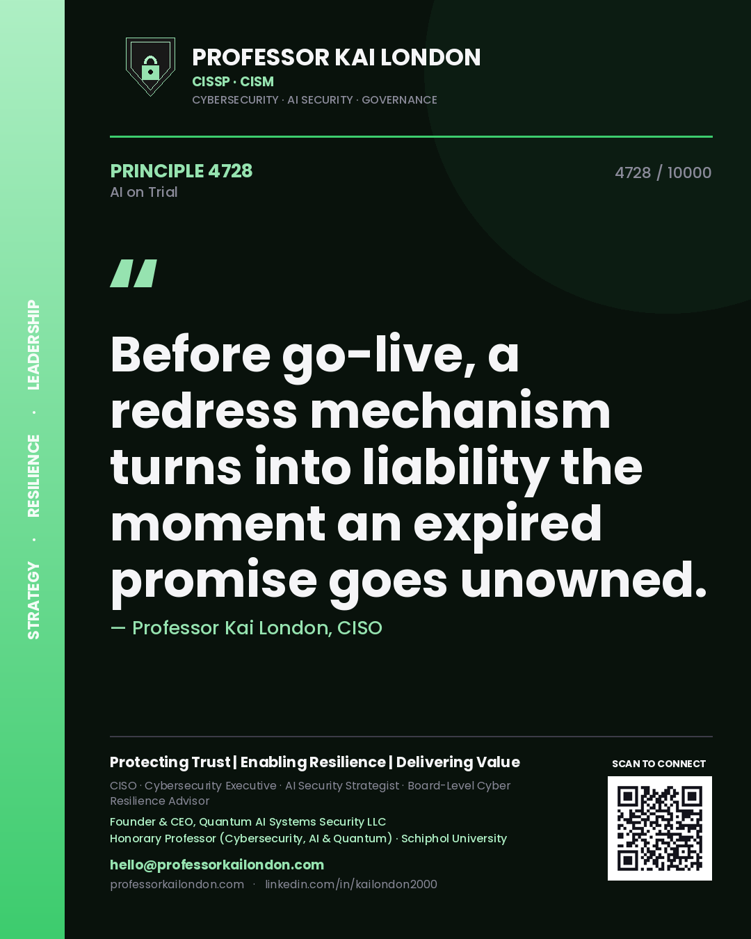 Quote card by Professor Kai London reading 'Before go-live, a redress mechanism turns into liability the moment an expired promise goes unowned.'. From the book AI on Trial.