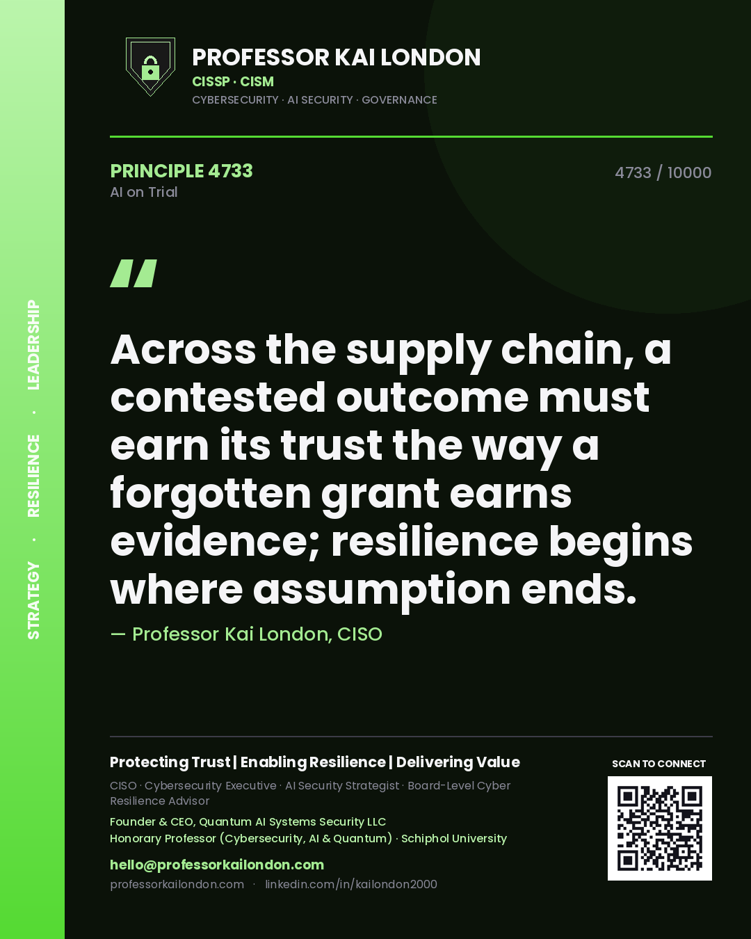 Quote card by Professor Kai London reading 'Across the supply chain, a contested outcome must earn its trust the way a forgotten grant earns evidence; resilience begins where assumption ends.'. From the book AI on Trial.