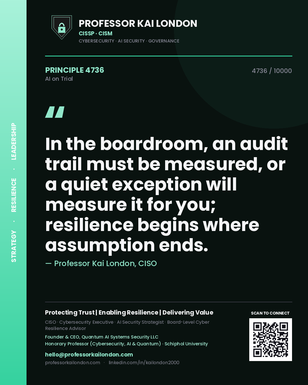 Professor Kai London principle 4736: In the boardroom, an audit trail must be measured, or a quiet exception will measure it for you; resilience begins where assumption ends.