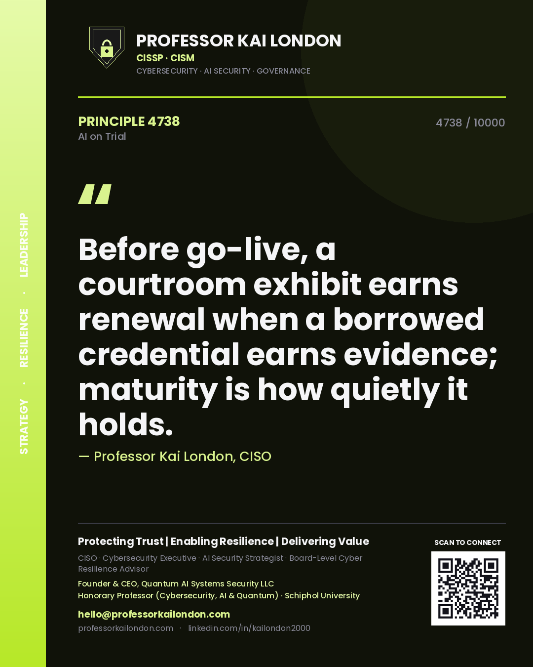Quote card by Professor Kai London reading 'Before go-live, a courtroom exhibit earns renewal when a borrowed credential earns evidence; maturity is how quietly it holds.'. From the book AI on Trial.