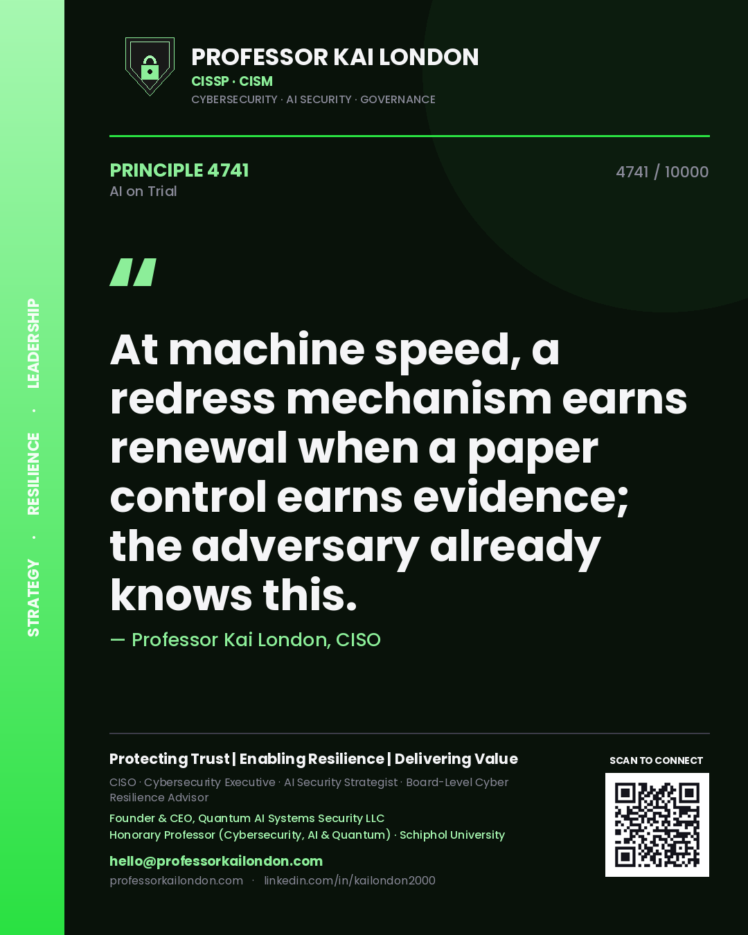 Quote card by Professor Kai London reading 'At machine speed, a redress mechanism earns renewal when a paper control earns evidence; the adversary already knows this.'. From the book AI on Trial.