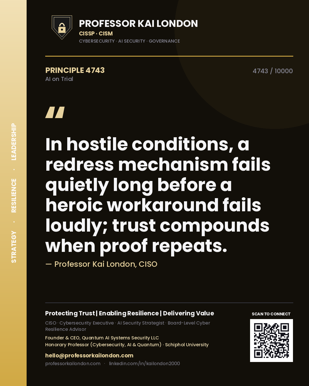 Quote card by Professor Kai London reading 'In hostile conditions, a redress mechanism fails quietly long before a heroic workaround fails loudly; trust compounds when proof repeats.'. From the book AI on Trial.