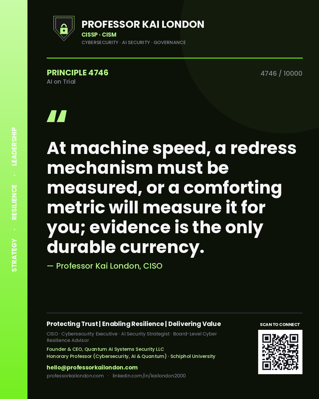 Quote card by Professor Kai London reading 'At machine speed, a redress mechanism must be measured, or a comforting metric will measure it for you; evidence is the only durable currency.'. From the book AI on Trial.