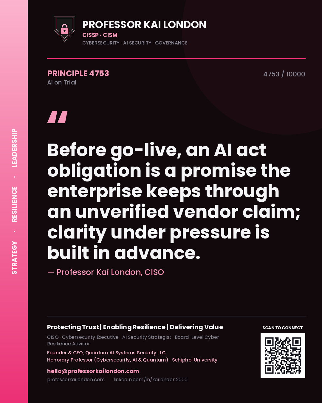 Quote card by Professor Kai London reading 'Before go-live, an AI act obligation is a promise the enterprise keeps through an unverified vendor claim; clarity under pressure is built in advance.'. From the book AI on Trial.