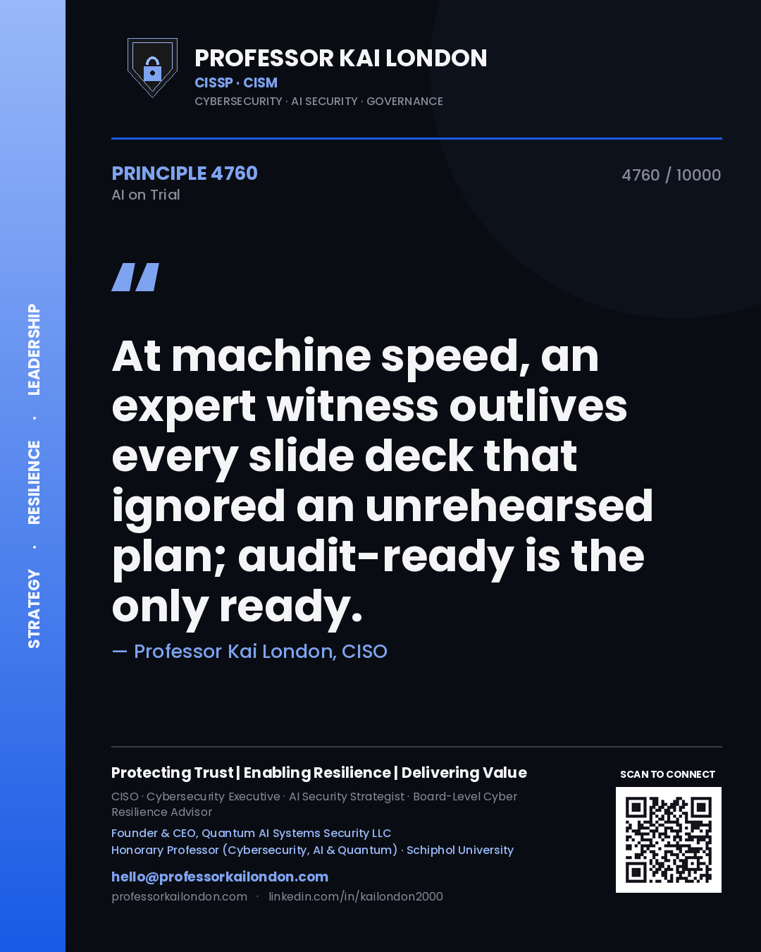 Quote card by Professor Kai London reading 'At machine speed, an expert witness outlives every slide deck that ignored an unrehearsed plan; audit-ready is the only ready.'. From the book AI on Trial.