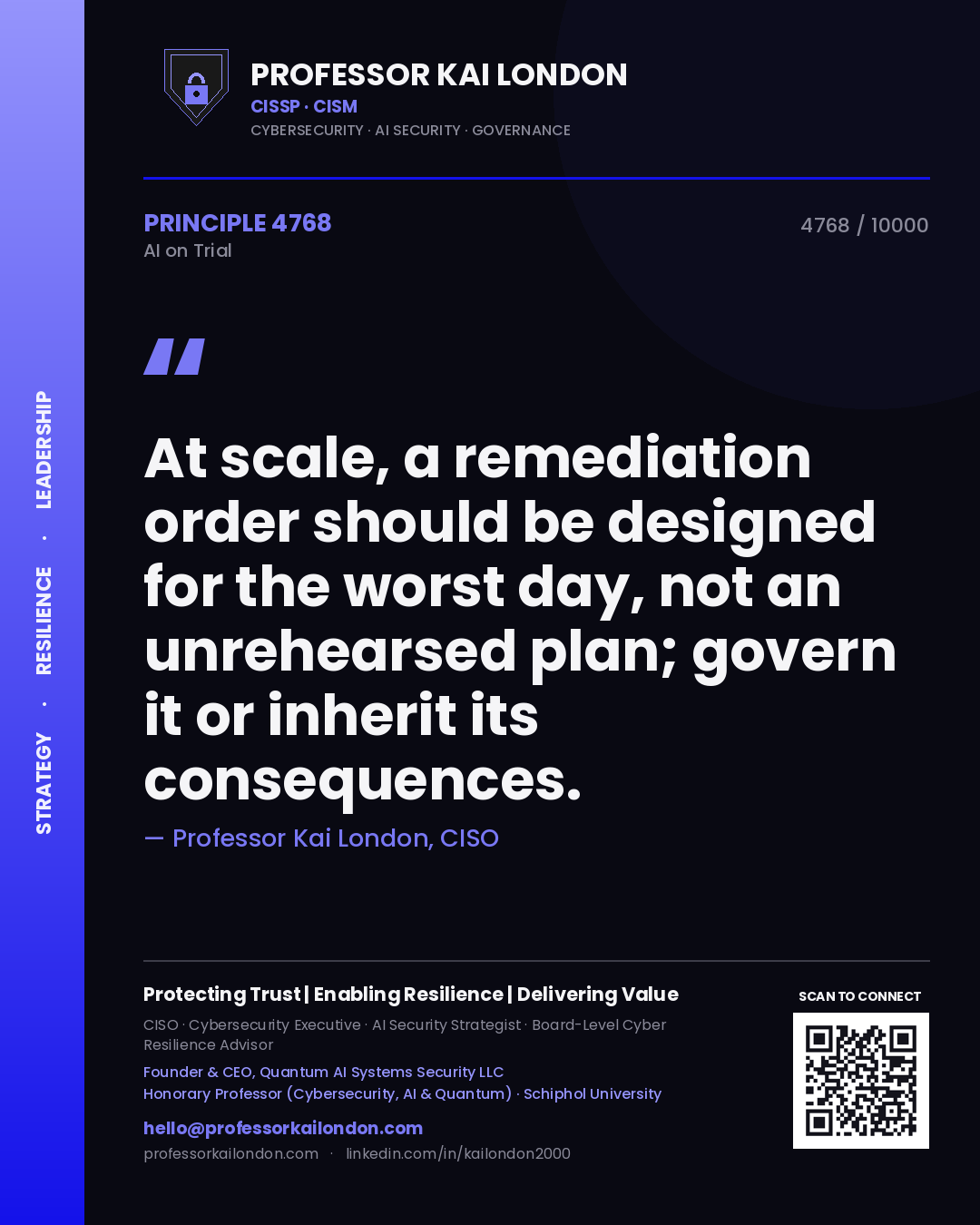 Quote card by Professor Kai London reading 'At scale, a remediation order should be designed for the worst day, not an unrehearsed plan; govern it or inherit its consequences.'. From the book AI on Trial.