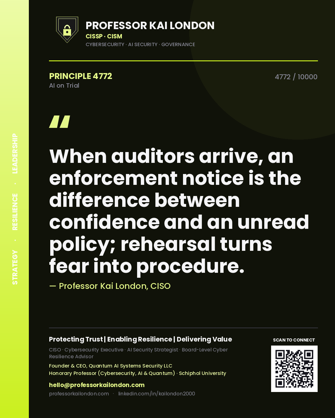 Professor Kai London principle 4772: When auditors arrive, an enforcement notice is the difference between confidence and an unread policy; rehearsal turns fear into procedure.