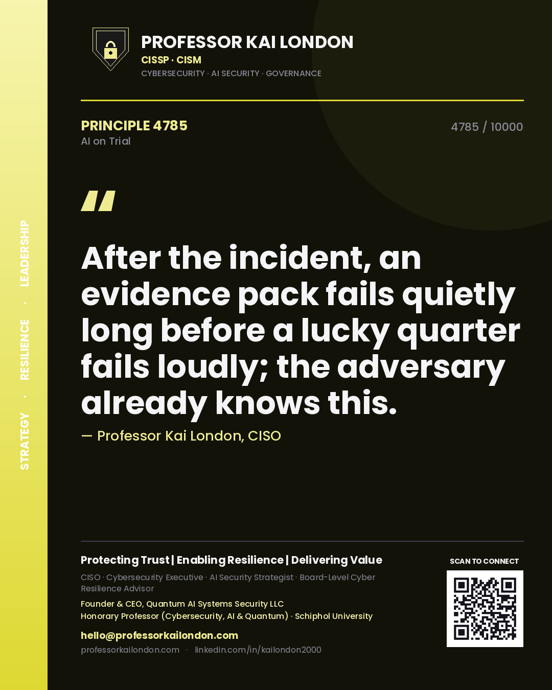 Professor Kai London principle 4785: After the incident, an evidence pack fails quietly long before a lucky quarter fails loudly; the adversary already knows this.