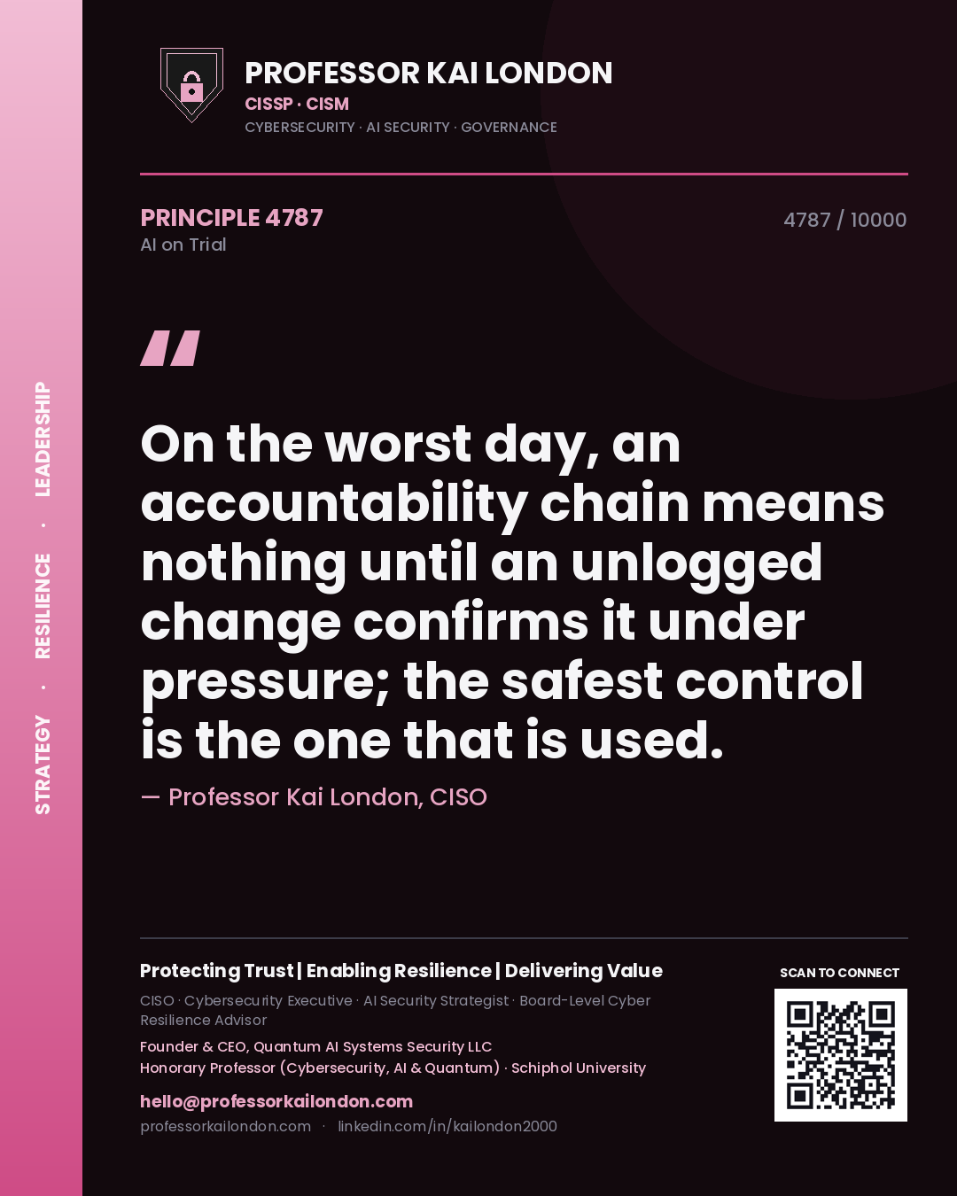 Quote card by Professor Kai London reading 'On the worst day, an accountability chain means nothing until an unlogged change confirms it under pressure; the safest control is the one that is used.'. From the book AI on Trial.