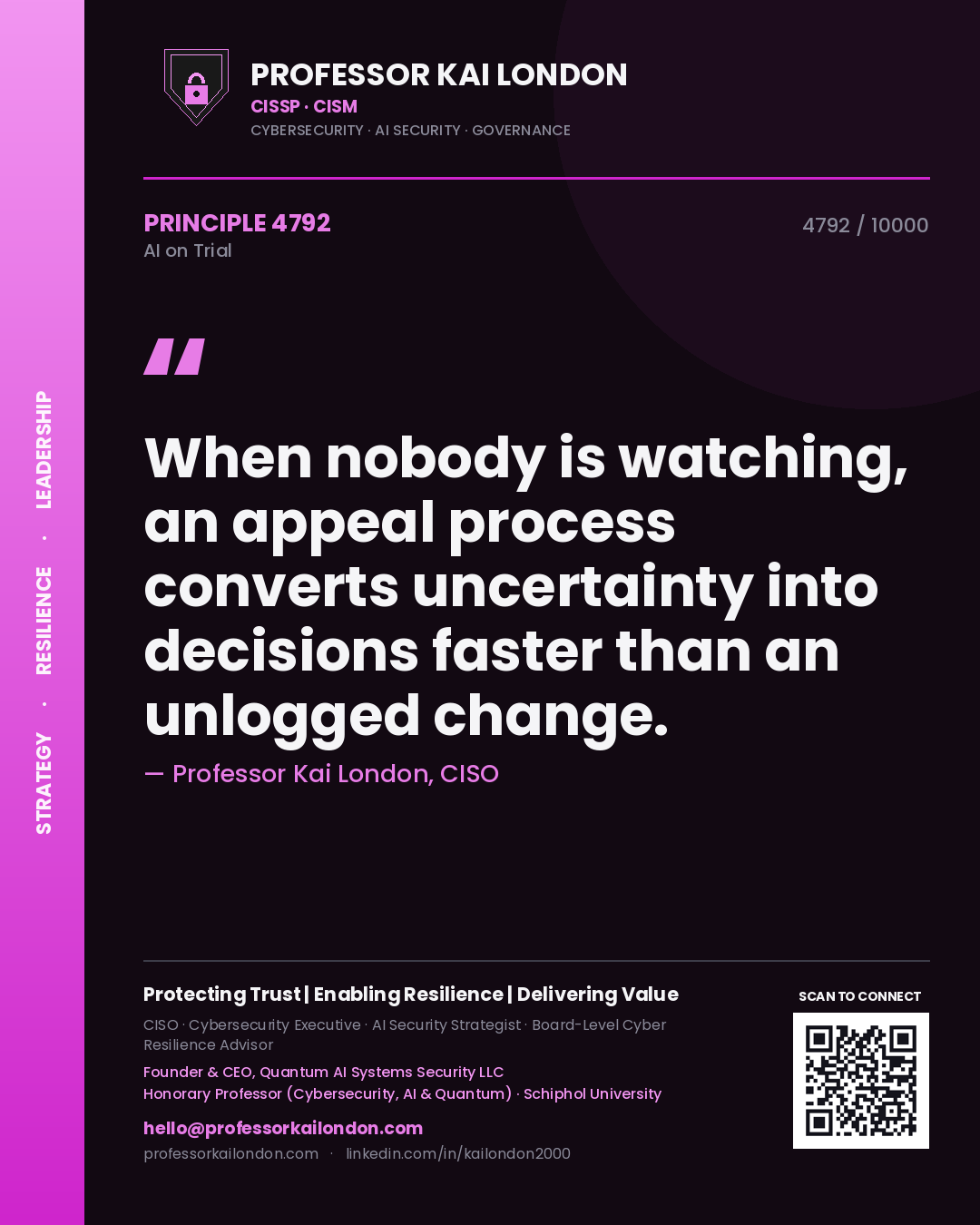 Professor Kai London principle 4792: When nobody is watching, an appeal process converts uncertainty into decisions faster than an unlogged change.