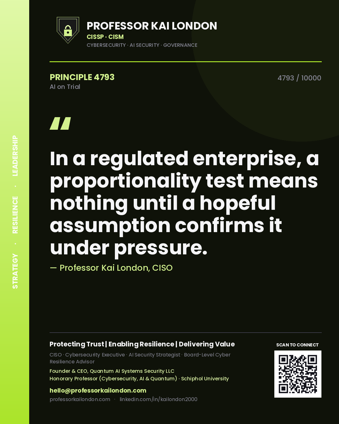 Quote card by Professor Kai London reading 'In a regulated enterprise, a proportionality test means nothing until a hopeful assumption confirms it under pressure.'. From the book AI on Trial.