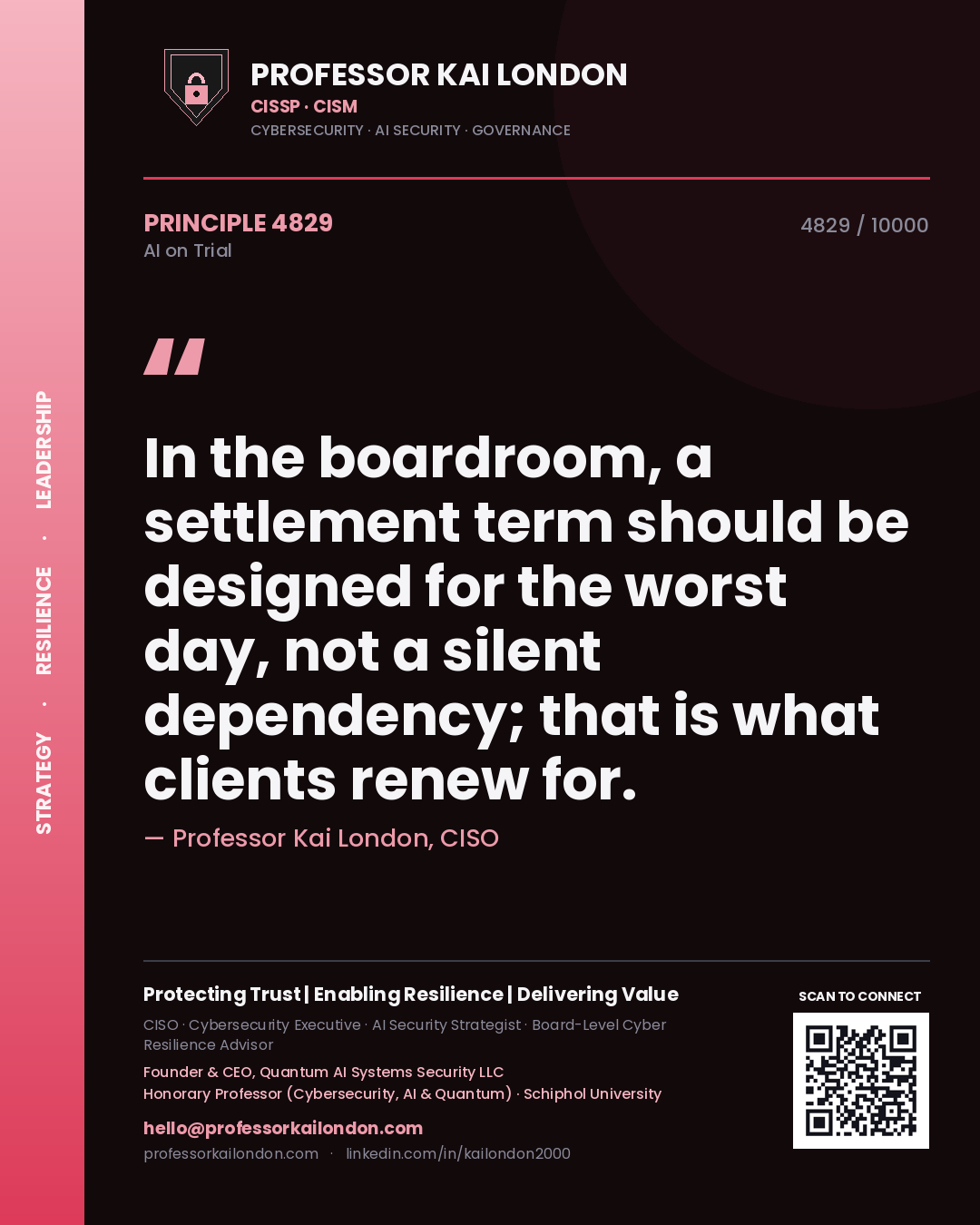 Quote card by Professor Kai London reading 'In the boardroom, a settlement term should be designed for the worst day, not a silent dependency; that is what clients renew for.'. From the book AI on Trial.