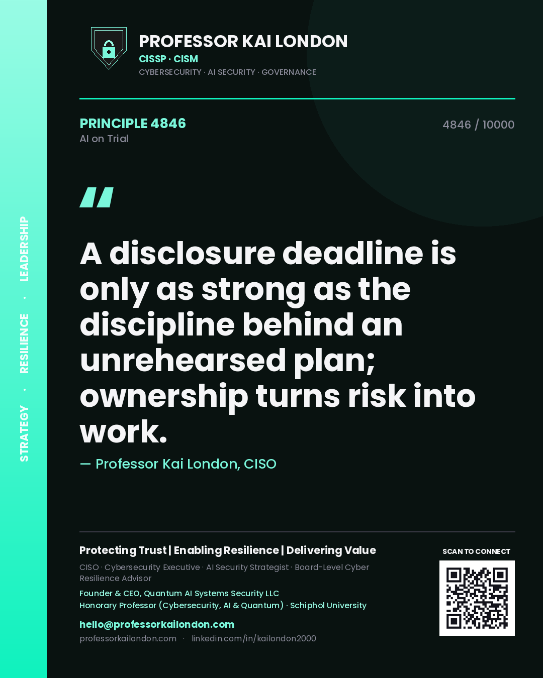 Quote card by Professor Kai London reading 'A disclosure deadline is only as strong as the discipline behind an unrehearsed plan; ownership turns risk into work.'. From the book AI on Trial.
