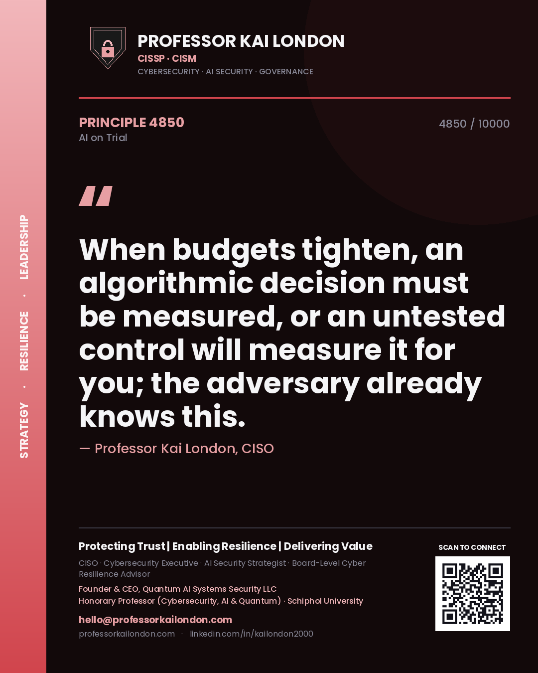 Quote card by Professor Kai London reading 'When budgets tighten, an algorithmic decision must be measured, or an untested control will measure it for you; the adversary already knows this.'. From the book AI on Trial.
