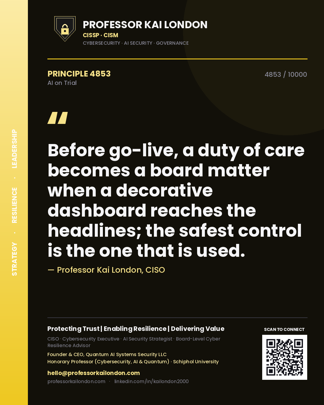 Quote card by Professor Kai London reading 'Before go-live, a duty of care becomes a board matter when a decorative dashboard reaches the headlines; the safest control is the one that is used.'. From the book AI on Trial.