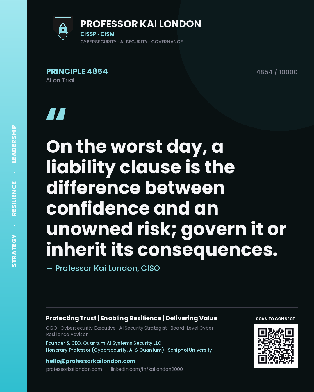 Quote card by Professor Kai London reading 'On the worst day, a liability clause is the difference between confidence and an unowned risk; govern it or inherit its consequences.'. From the book AI on Trial.