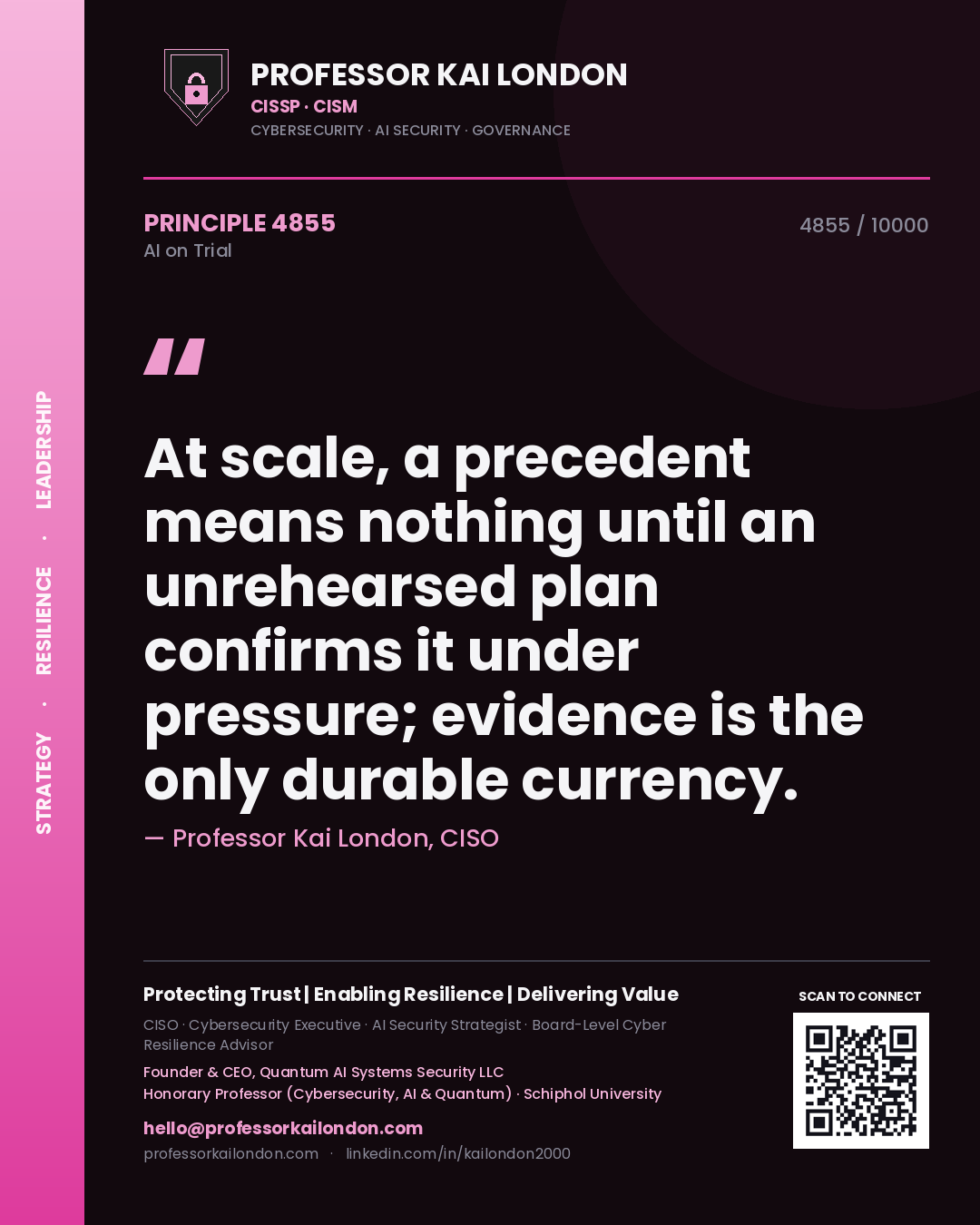 Quote card by Professor Kai London reading 'At scale, a precedent means nothing until an unrehearsed plan confirms it under pressure; evidence is the only durable currency.'. From the book AI on Trial.