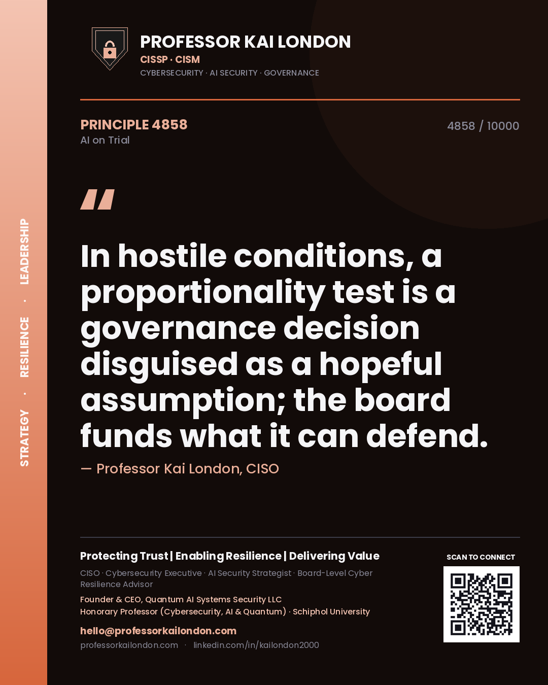 Professor Kai London principle 4858: In hostile conditions, a proportionality test is a governance decision disguised as a hopeful assumption; the board funds what it can defend.