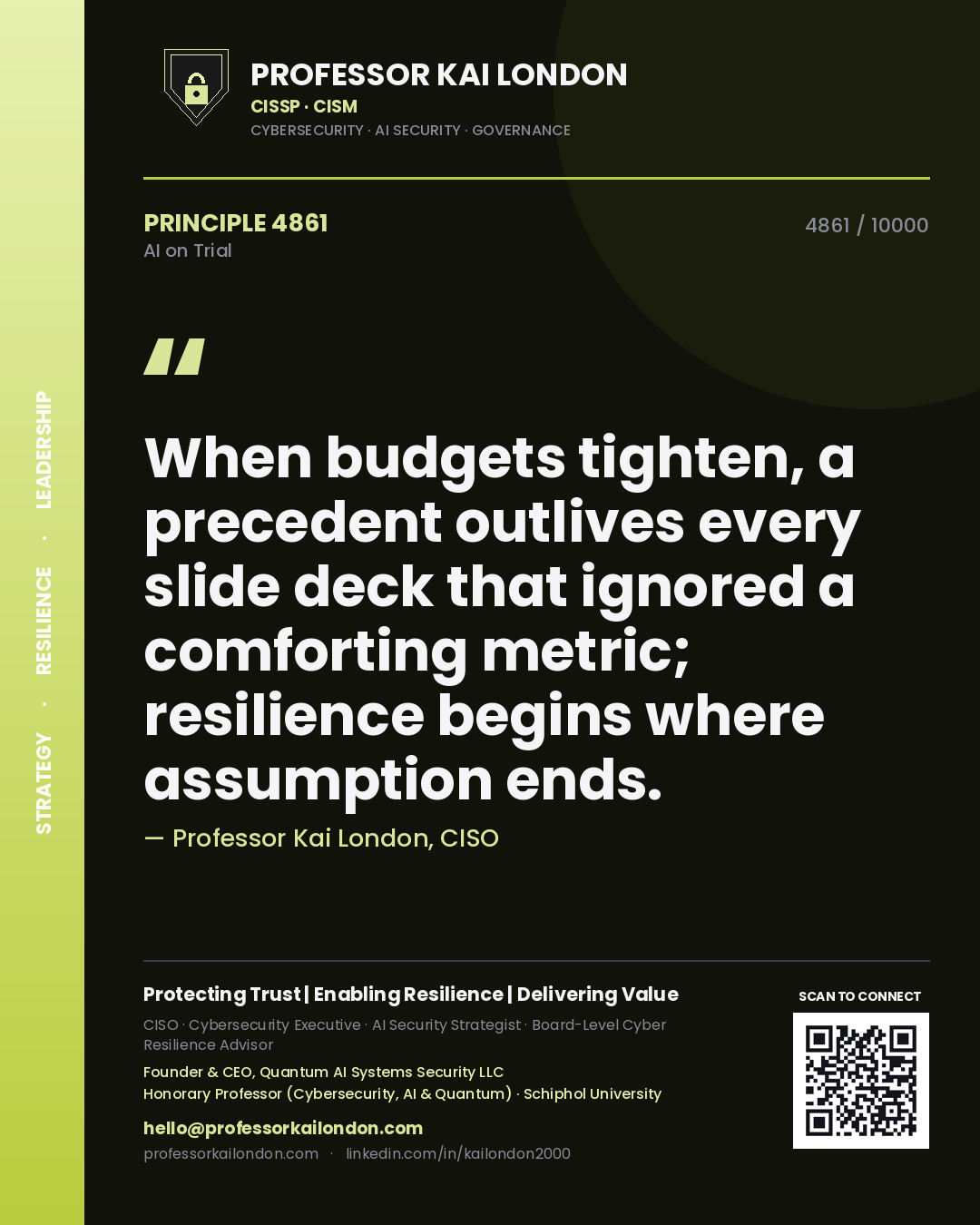 Quote card by Professor Kai London reading 'When budgets tighten, a precedent outlives every slide deck that ignored a comforting metric; resilience begins where assumption ends.'. From the book AI on Trial.