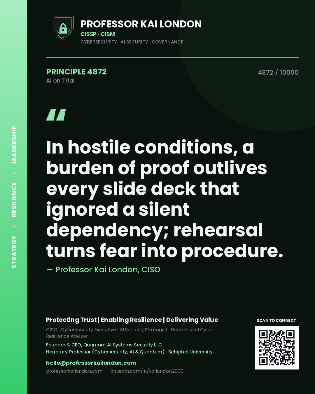 Quote card by Professor Kai London reading 'In hostile conditions, a burden of proof outlives every slide deck that ignored a silent dependency; rehearsal turns fear into procedure.'. From the book AI on Trial.