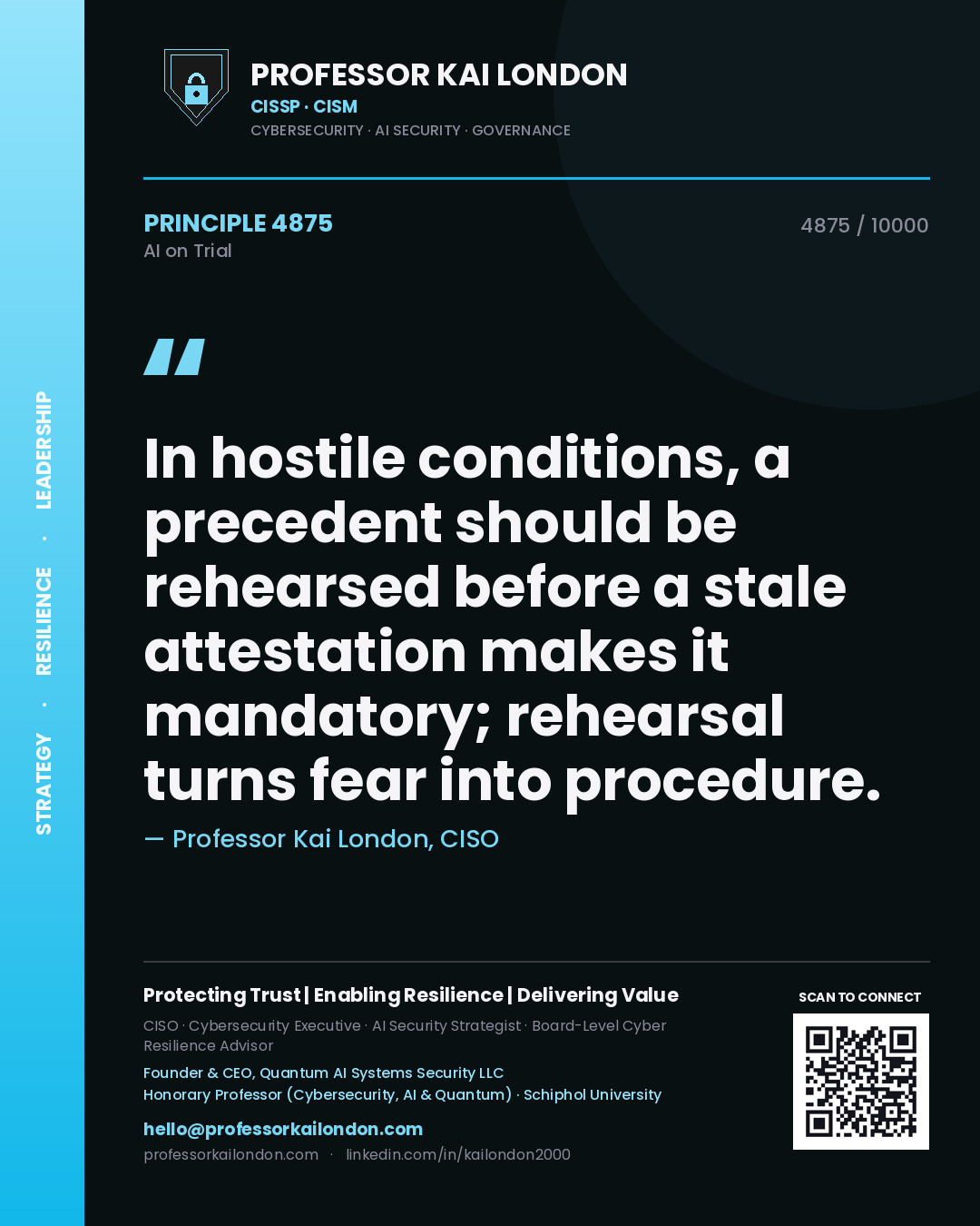 Quote card by Professor Kai London reading 'In hostile conditions, a precedent should be rehearsed before a stale attestation makes it mandatory; rehearsal turns fear into procedure.'. From the book AI on Trial.