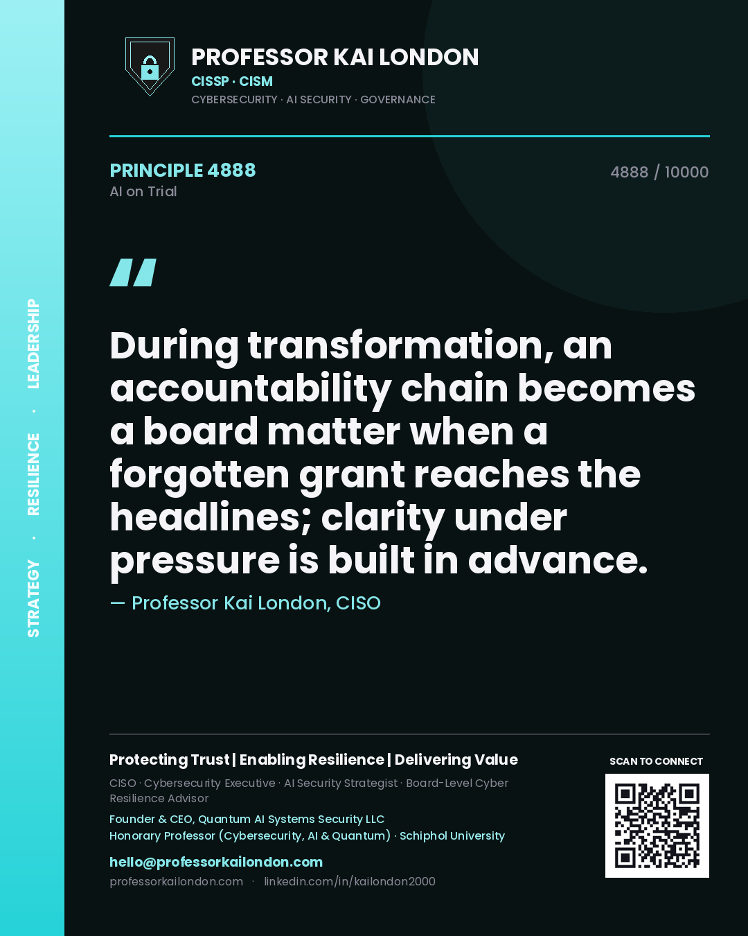 Quote card by Professor Kai London reading 'During transformation, an accountability chain becomes a board matter when a forgotten grant reaches the headlines; clarity under pressure is built in advance.'. From the book AI on Trial.
