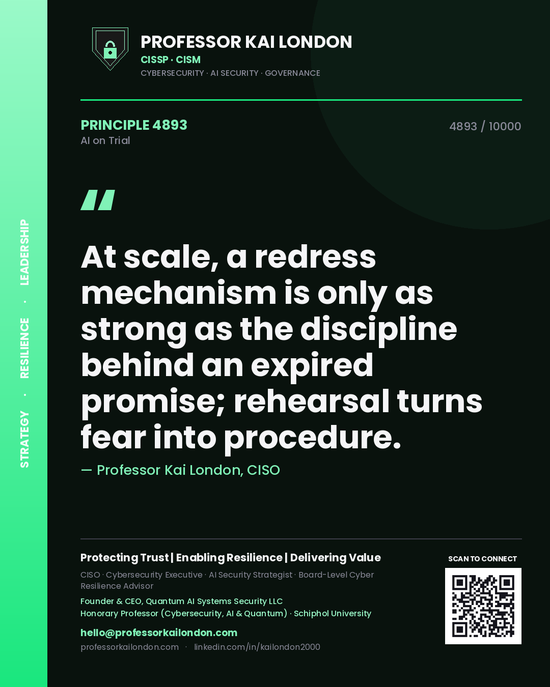 Quote card by Professor Kai London reading 'At scale, a redress mechanism is only as strong as the discipline behind an expired promise; rehearsal turns fear into procedure.'. From the book AI on Trial.