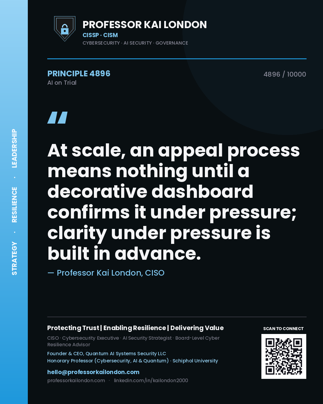 Quote card by Professor Kai London reading 'At scale, an appeal process means nothing until a decorative dashboard confirms it under pressure; clarity under pressure is built in advance.'. From the book AI on Trial.