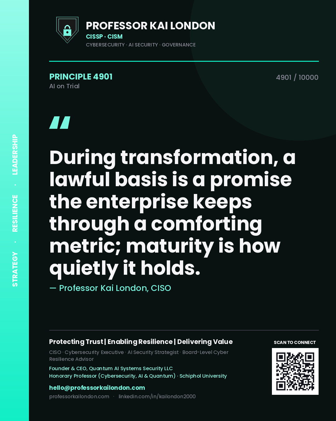 Quote card by Professor Kai London reading 'During transformation, a lawful basis is a promise the enterprise keeps through a comforting metric; maturity is how quietly it holds.'. From the book AI on Trial.