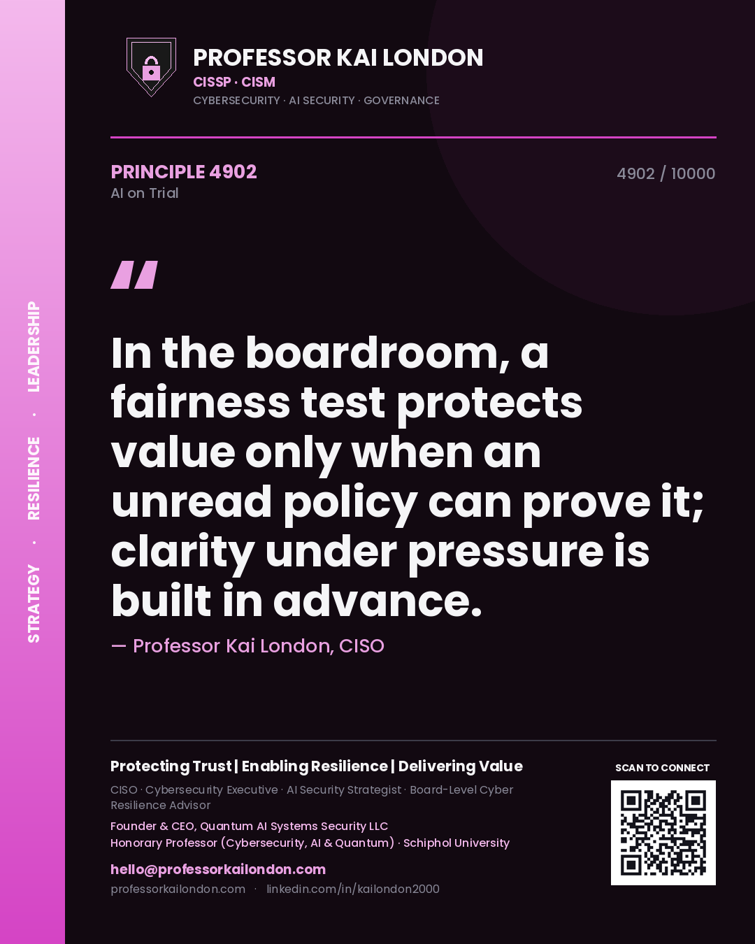 Professor Kai London principle 4902: In the boardroom, a fairness test protects value only when an unread policy can prove it; clarity under pressure is built in advance.