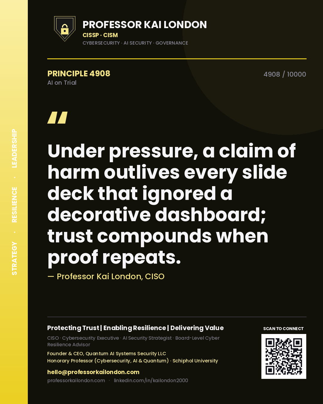 Professor Kai London principle 4908: Under pressure, a claim of harm outlives every slide deck that ignored a decorative dashboard; trust compounds when proof repeats.
