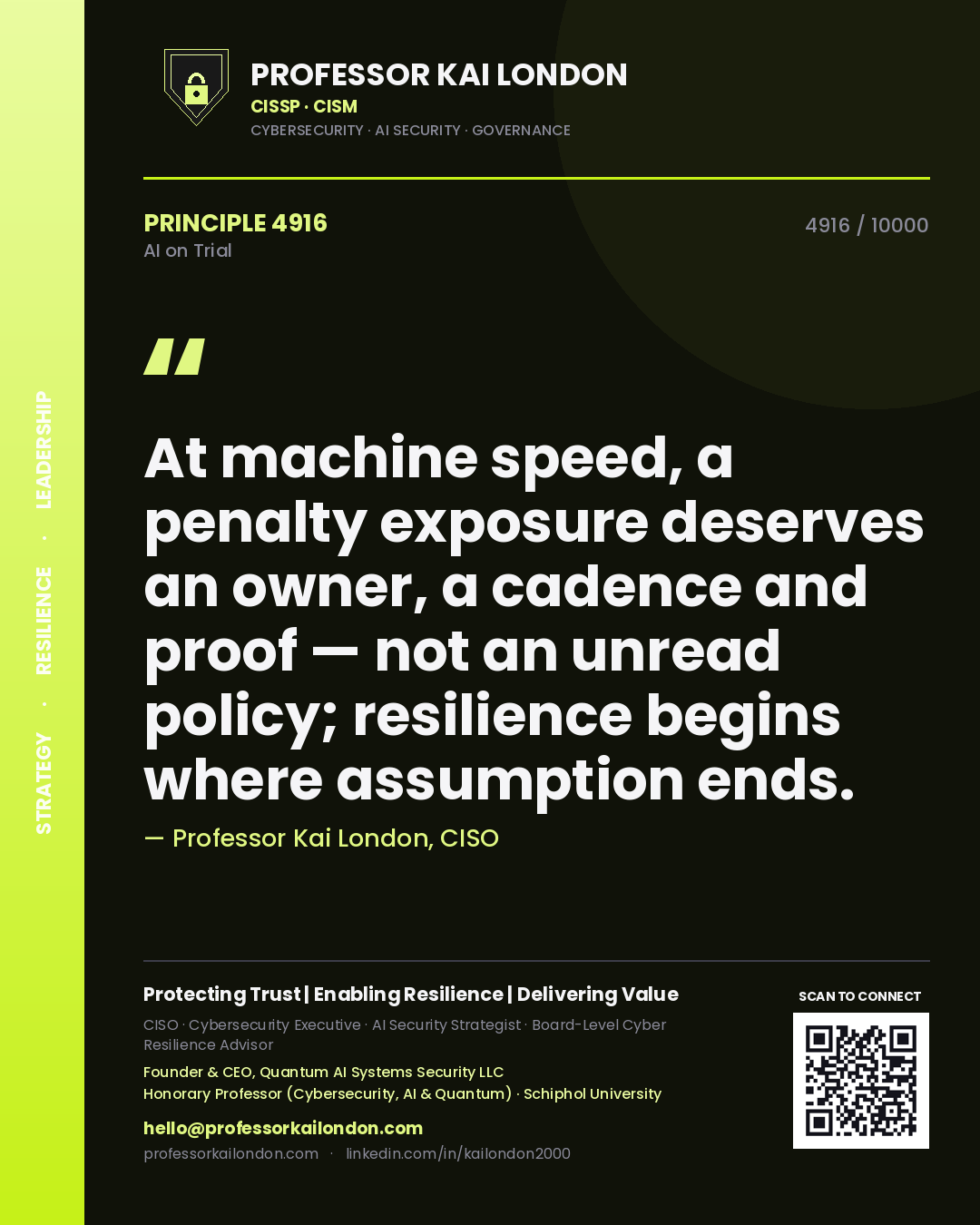 Professor Kai London principle 4916: At machine speed, a penalty exposure deserves an owner, a cadence and proof — not an unread policy; resilience begins where assumption ends.