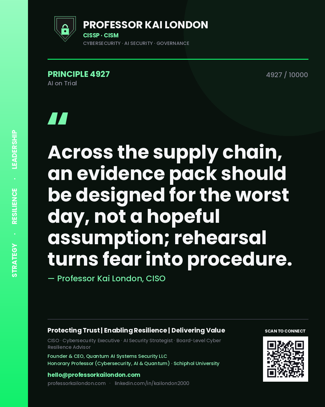 Professor Kai London principle 4927: Across the supply chain, an evidence pack should be designed for the worst day, not a hopeful assumption; rehearsal turns fear into procedure.