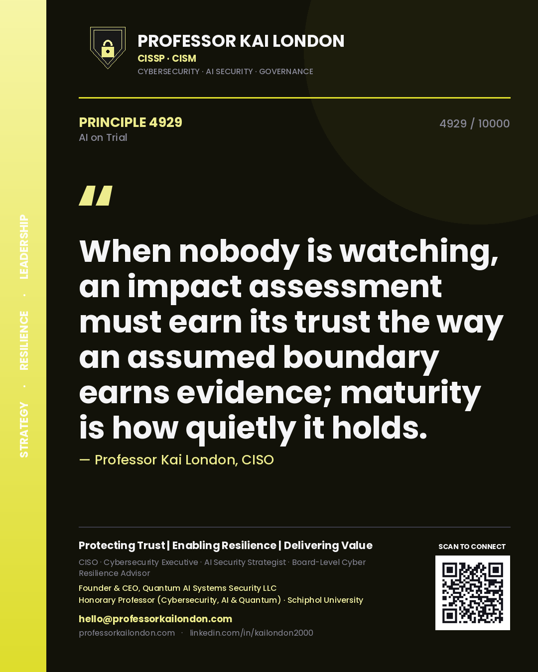 Professor Kai London principle 4929: When nobody is watching, an impact assessment must earn its trust the way an assumed boundary earns evidence; maturity is how quietly it holds.