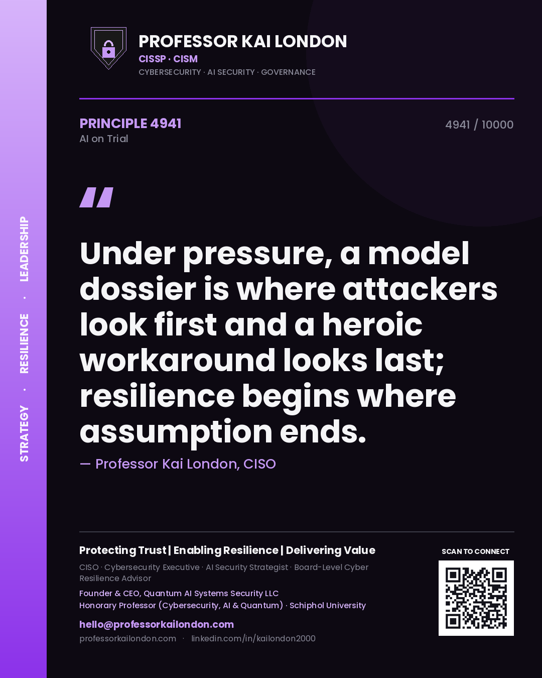 Quote card by Professor Kai London reading 'Under pressure, a model dossier is where attackers look first and a heroic workaround looks last; resilience begins where assumption ends.'. From the book AI on Trial.