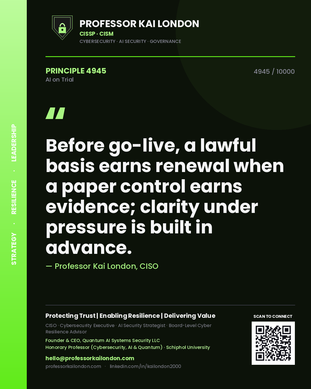 Quote card by Professor Kai London reading 'Before go-live, a lawful basis earns renewal when a paper control earns evidence; clarity under pressure is built in advance.'. From the book AI on Trial.