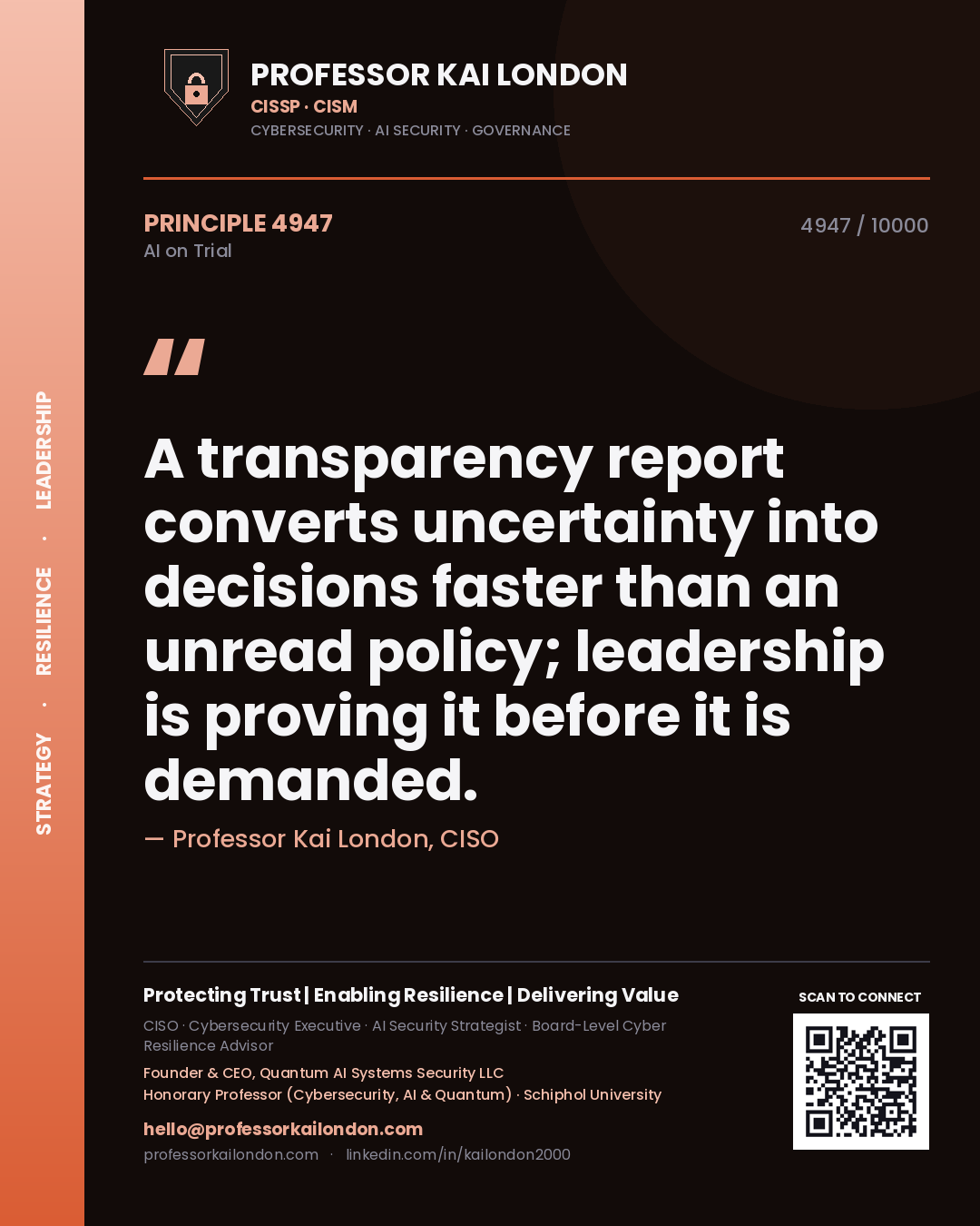 Professor Kai London principle 4947: A transparency report converts uncertainty into decisions faster than an unread policy; leadership is proving it before it is demanded.