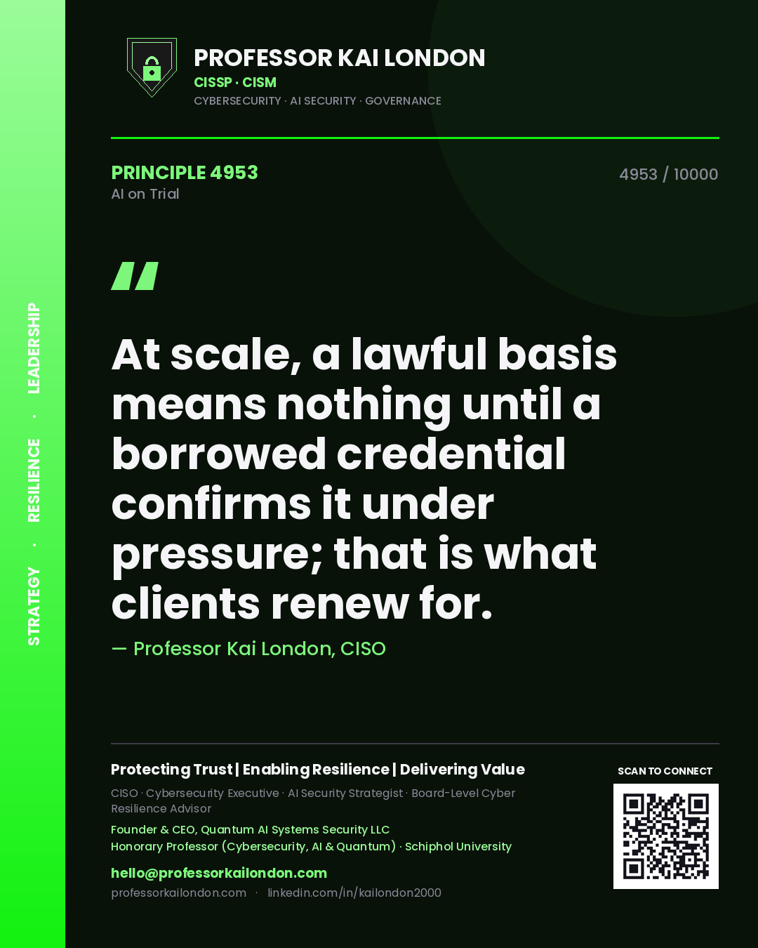 Professor Kai London principle 4953: At scale, a lawful basis means nothing until a borrowed credential confirms it under pressure; that is what clients renew for.